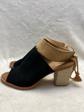 Toms Seville Black Suede Honey Leather Jute Wrapped Tassel Back Tie Heels 7w